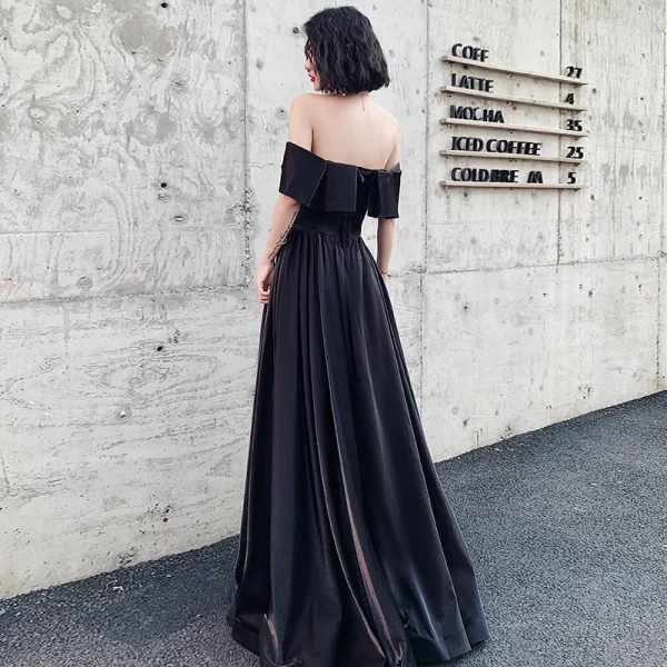 Elegant Black Evening Dresses 2020 A-Line / Princess Off-The-Shoulder Short Sleeve Backless Floor-Length / Long Formal Dresses