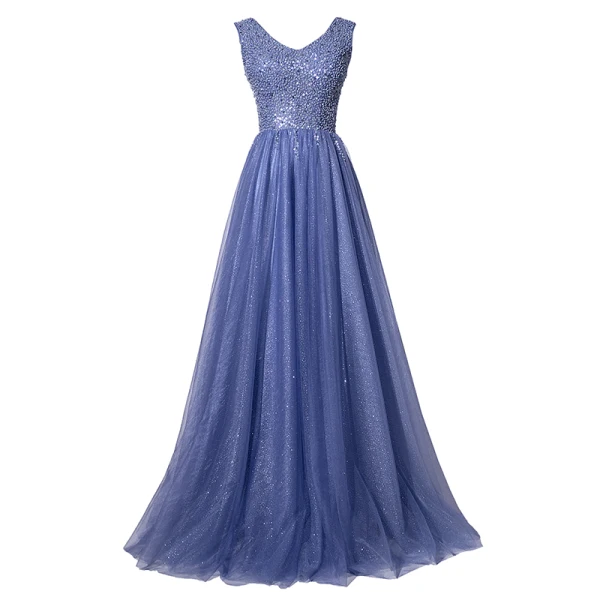 Chic / Belle Océan Bleu Robe De Soirée 2020 Princesse V-Cou Perlage Glitter Paillettes Sans Manches Dos Nu Longue Robe De Ceremonie