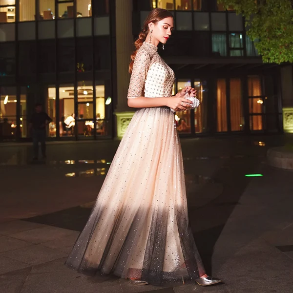 Sparkly Champagne Evening Dresses  2020 A-Line / Princess High Neck Beading Sequins 1/2 Sleeves Floor-Length / Long Formal Dresses