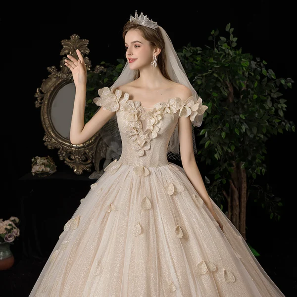 Luxury / Gorgeous Champagne Wedding Dresses 2020 A-Line / Princess Off-The-Shoulder Appliques Pearl Sequins Sleeveless Backless Floor-Length / Long