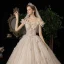 Luxury / Gorgeous Champagne Wedding Dresses 2020 A-Line / Princess Off-The-Shoulder Appliques Pearl Sequins Sleeveless Backless Floor-Length / Long