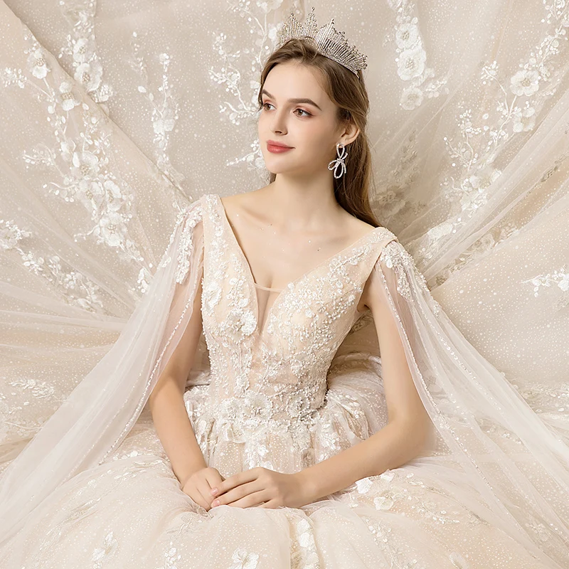 Luxury Gorgeous Champagne Wedding Dresses 2020 A Line Princess V Neck  Beading Sequins Pearl Crystal Lace Flower Short Sleeve Backless Cathedral  Train