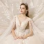 Luxury / Gorgeous Champagne Wedding Dresses 2020 A-Line / Princess V-Neck Beading Sequins Pearl Crystal Lace Flower Short Sleeve Backless Cathedral Train