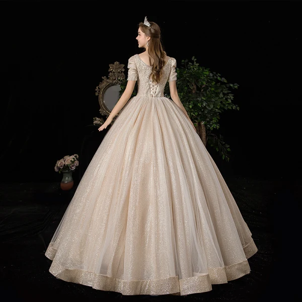 Victorian Style Vintage / Retro Champagne Wedding Dresses 2020 A-Line / Princess V-Neck Beading Pearl Rhinestone Lace Flower Sequins Short Sleeve Backless Floor-Length / Long