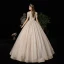 Victorian Style Vintage / Retro Champagne Wedding Dresses 2020 A-Line / Princess V-Neck Beading Pearl Rhinestone Lace Flower Sequins Short Sleeve Backless Floor-Length / Long