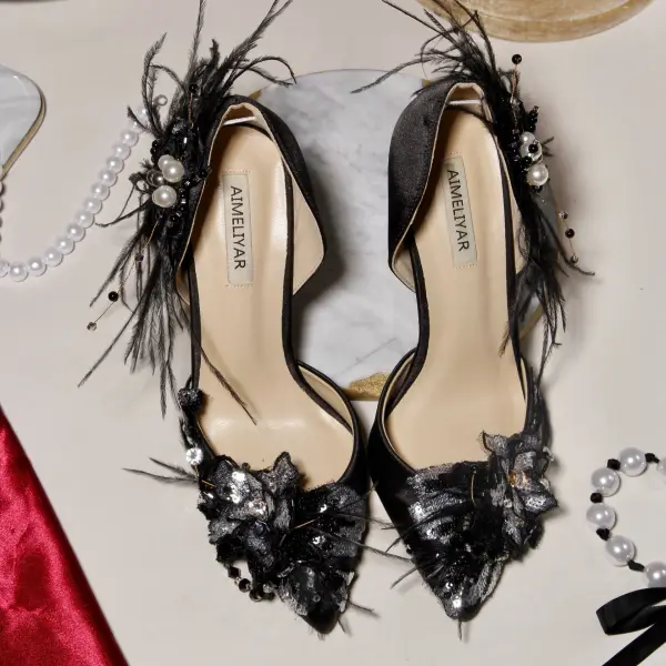 Charmant Schwarz Abend Damenschuhe 2020 Feder Perlenstickerei Strass Pailletten Perle 9 cm Stilettos Spitzschuh Hochhackige