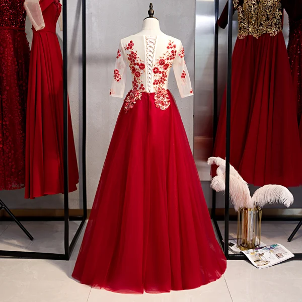 Chic / Belle Bordeaux Robe De Soirée 2020 Princesse Encolure Dégagée Perlage Perle En Dentelle Fleur 1/2 Manches Longue Robe De Ceremonie
