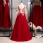 Chic / Belle Bordeaux Robe De Soirée 2020 Princesse Encolure Dégagée Perlage Perle En Dentelle Fleur 1/2 Manches Longue Robe De Ceremonie