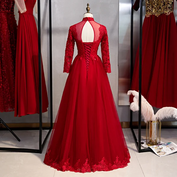 Affordable Chinese style Burgundy Evening Dresses 2020 A-Line / Princess High Neck Beading Lace Flower Long Sleeve Backless Floor-Length / Long Formal Dresses