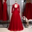 Affordable Chinese style Burgundy Evening Dresses  2020 A-Line / Princess High Neck Beading Lace Flower Long Sleeve Backless Floor-Length / Long Formal Dresses