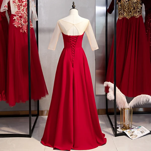 Elegant Burgundy Evening Dresses 2020 A-Line / Princess Scoop Neck Rhinestone Pearl Lace Flower 3/4 Sleeve Backless Floor-Length / Long Formal Dresses