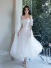 Modest / Simple White Lace Flower Beach Wedding Dresses 2021 A-Line / Princess Off-The-Shoulder Short Sleeve Backless Floor-Length / Long