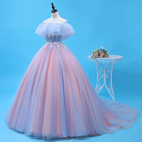 Schöne Himmelblau Rosa Quinceañera Ballkleider 2018 Ballkleid Applikationen Perlenstickerei Off Shoulder Rückenfreies Ärmellos Sweep / Pinsel Zug Festliche Kleider