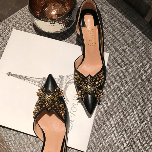 Chic / Beautiful Black Gold Evening Party Womens Shoes 2020 Leather Rivet 8 cm Stiletto Heels Pointed Toe High Heels