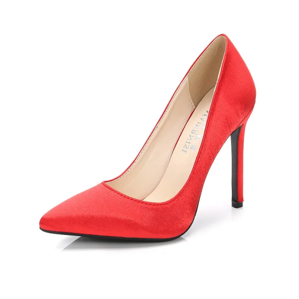 Enkla Röd Kontors Pumps 2020 Satin 11 cm Stilettklackar Spetsiga Pumps