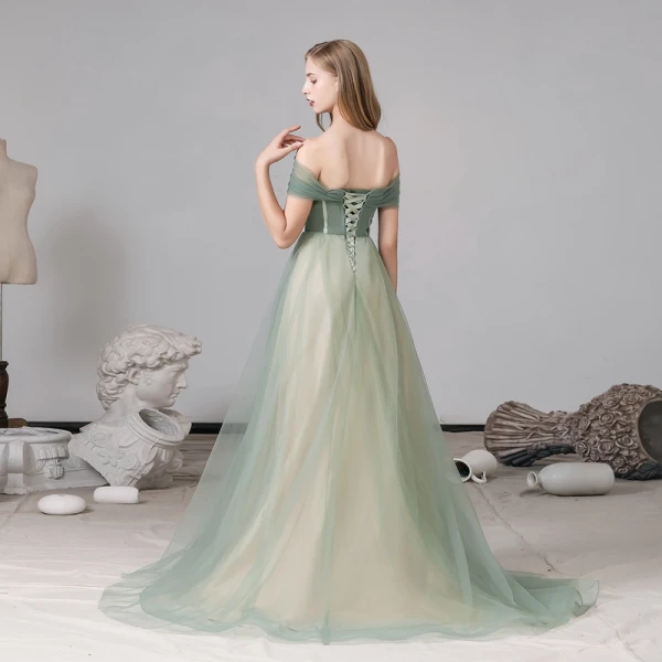 Classy Sage Green Evening Dresses 2020 A-Line / Princess Off-The-Shoulder Short Sleeve Backless Sweep Train Formal Dresses