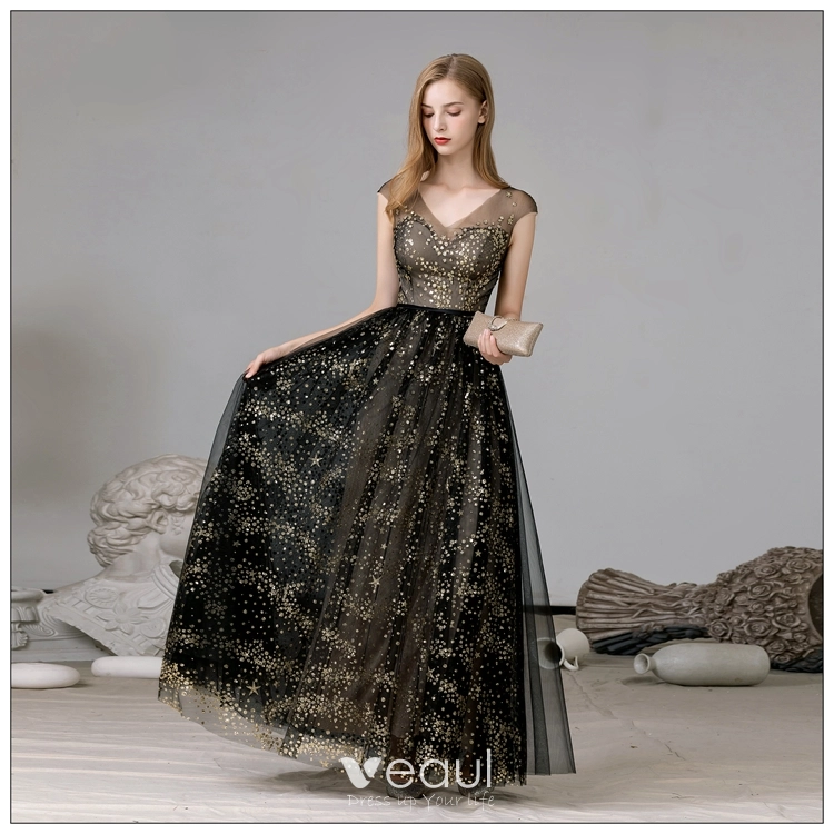 Fabulous Black Gold Evening Dresses 2020 A Line Princess V Neck Sleeveless Star Lace Sequins Floor Length Long Evening Party Formal Dresses
