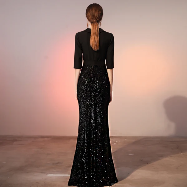 Classy Black Evening Dresses 2020 A-Line / Princess Bow Satin Sequins V-Neck 1/2 Sleeves Floor-Length / Long Formal Dresses
