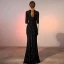 Classy Black Evening Dresses  2020 A-Line / Princess Bow Satin Sequins V-Neck 1/2 Sleeves Floor-Length / Long Formal Dresses