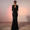 Classy Black Evening Dresses  2020 A-Line / Princess Bow Satin Sequins V-Neck 1/2 Sleeves Floor-Length / Long Formal Dresses