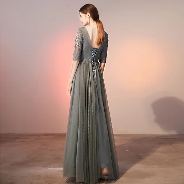 Elegant Grey Evening Dresses  2020 A-Line / Princess Scoop Neck Pearl Rhinestone Lace Flower Appliques 1/2 Sleeves Backless Floor-Length / Long Formal Dresses