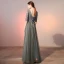 Elegant Grey Evening Dresses  2020 A-Line / Princess Scoop Neck Pearl Rhinestone Lace Flower Appliques 1/2 Sleeves Backless Floor-Length / Long Formal Dresses