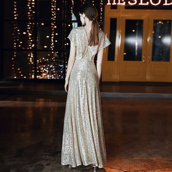 Scintillantes Doré Robe De Soirée 2020 Princesse Encolure Dégagée Paillettes Manches Courtes Dos Nu Longue Robe De Ceremonie