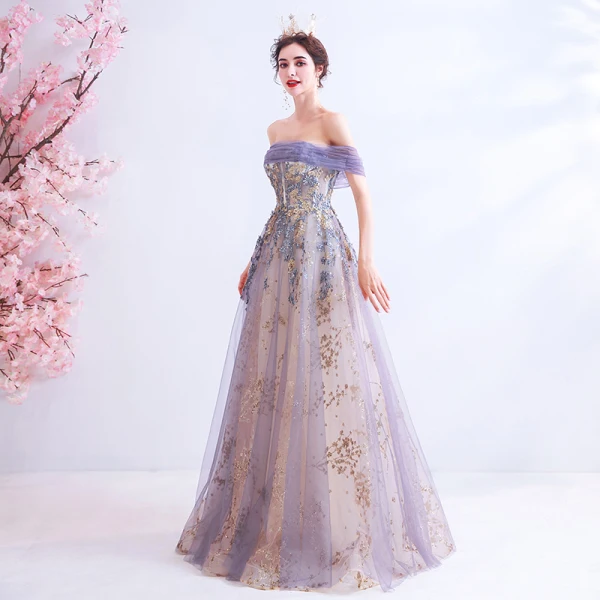 Charming Purple Prom Dresses 2020 A-Line / Princess Off-The-Shoulder Lace Flower Glitter Sequins Sleeveless Backless Floor-Length / Long Formal Dresses