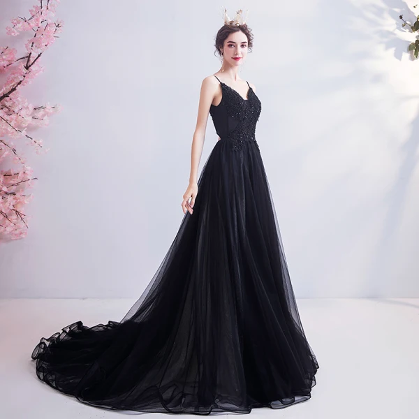 Chic / Belle Noire Robe De Bal 2020 Princesse Bretelles Spaghetti Perlage En Dentelle Fleur Sans Manches Dos Nu Train De Balayage Robe De Ceremonie