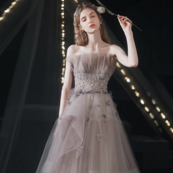 Charming Purple Prom Dresses 2021 A-Line / Princess Ruffle Strapless Beading Sleeveless Backless Floor-Length / Long Formal Dresses