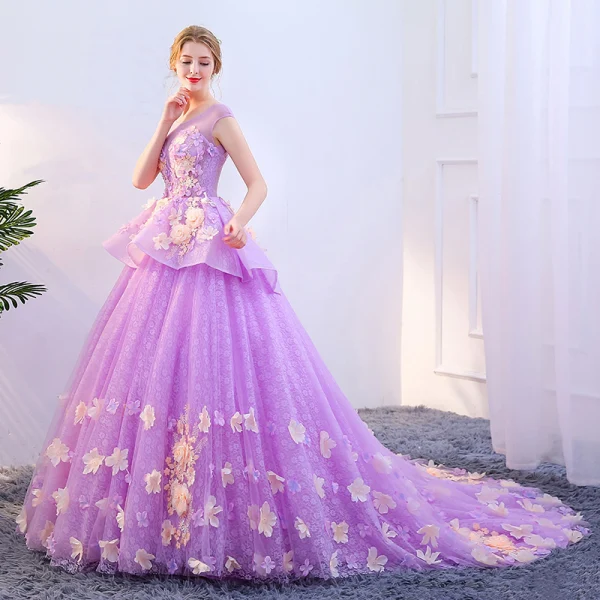 Flower Fairy Fuchsia Prom Dresses 2018 Ball Gown Appliques Pearl Scoop Neck Backless Sleeveless Court Train Formal Dresses