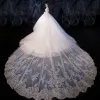 Luxury / Gorgeous Champagne Wedding Dresses 2020 Ball Gown V-Neck Beading Sequins Lace Flower 1/2 Sleeves Backless Royal Train
