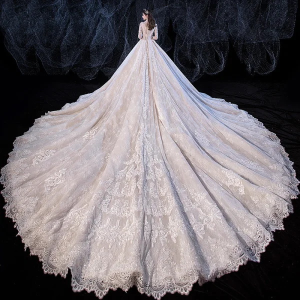 Luxury / Gorgeous Champagne Wedding Dresses 2020 A-Line / Princess V-Neck Beading Sequins Lace Flower 3/4 Sleeve Royal Train