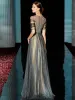High-end Dark Green Evening Dresses  2020 A-Line / Princess Scoop Neck Beading Sequins Short Sleeve Tea-length Formal Dresses