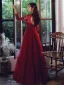 Elegant Burgundy Evening Dresses  2020 A-Line / Princess V-Neck Beading Sequins Lace Flower Long Sleeve Backless Floor-Length / Long Formal Dresses