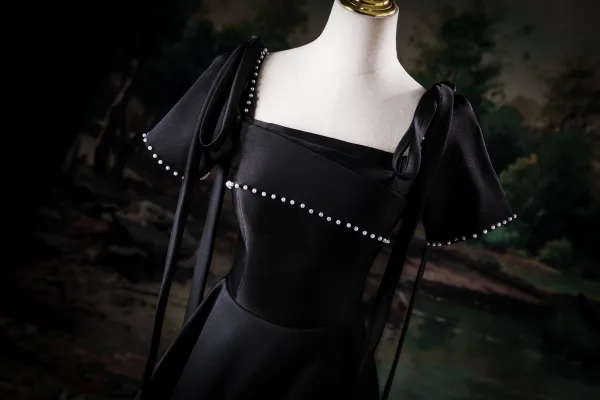 Elegant Black Pearl Prom Dresses 2025 A-Line / Princess Square Neckline Short Sleeve Backless Floor-Length / Long Prom Formal Dresses