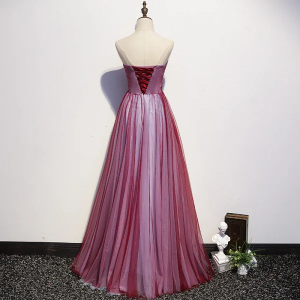 Chic Bordeaux Robe De Soirée 2020 Princesse Bustier Cristal Appliques En Dentelle Fleur Sans Manches Dos Nu Longue Robe De Ceremonie
