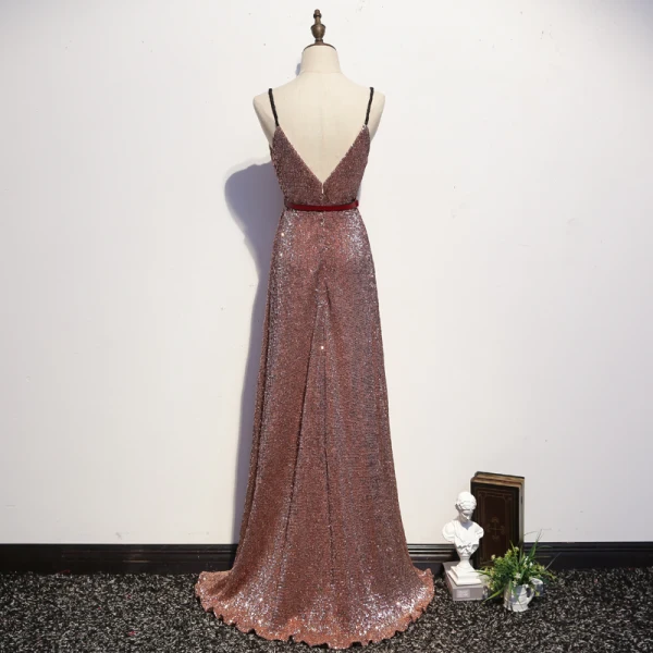 Sexy Scintillantes Or Rose Robe De Soirée 2020 Princesse Bretelles Spaghetti Paillettes Noeud Sans Manches Dos Nu Longue Robe De Ceremonie
