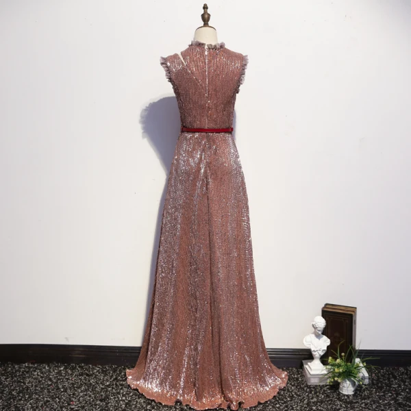 Sparkly Rose Gold Evening Dresses  2020 A-Line / Princess Scoop Neck Sash Sequins Sleeveless Floor-Length / Long Formal Dresses