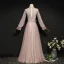 Elegant Blushing Pink Evening Dresses  2020 A-Line / Princess Scoop Neck Pearl Lace Flower Long Sleeve Backless Floor-Length / Long Formal Dresses