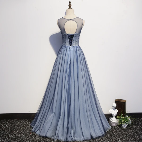 Elegant Sky Blue Evening Dresses 2020 A-Line / Princess Scoop Neck Crystal Sequins Lace Flower Sleeveless Backless Floor-Length / Long Formal Dresses