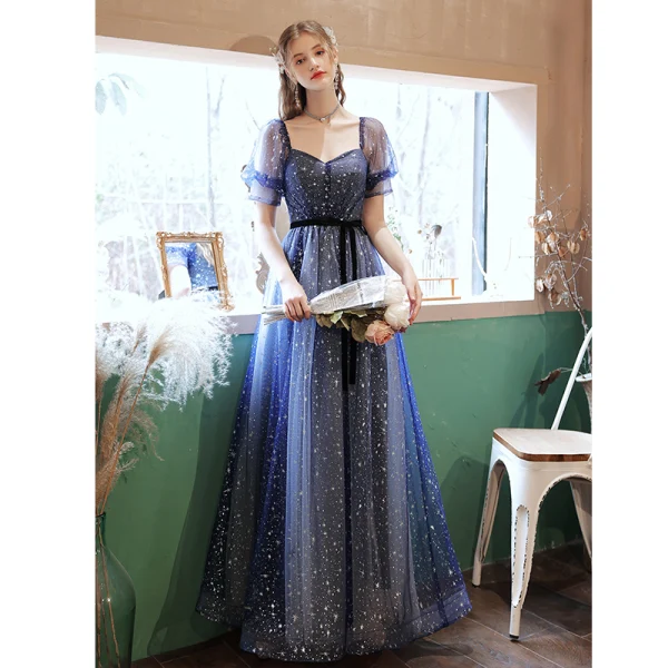Fashion Ocean Blue Prom Dresses 2021 A-Line / Princess Square Neckline Rhinestone Sequins Short Sleeve Backless Bow Floor-Length / Long Formal Dresses