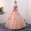 Flower Fairy Pearl Pink Prom Dresses 2018 Ball Gown Appliques Pearl V-Neck Backless Sleeveless Floor-Length / Long Formal Dresses
