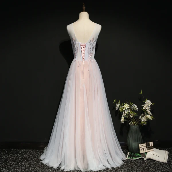 Chic Rougissant Rose Robe De Soirée 2020 Princesse Encolure Dégagée Perle Faux Diamant En Dentelle Fleur Sans Manches Dos Nu Longue Robe De Ceremonie