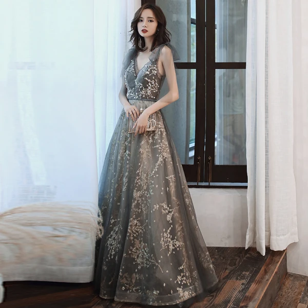 Fashion Grey Gold Evening Dresses 2020 A-Line / Princess V-Neck Rhinestone Sequins Lace Flower Sleeveless Backless Floor-Length / Long Formal Dresses