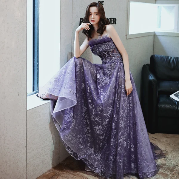 Charming Purple Evening Dresses 2020 A-Line / Princess Strapless Beading Sequins Lace Flower Sleeveless Backless Floor-Length / Long Formal Dresses
