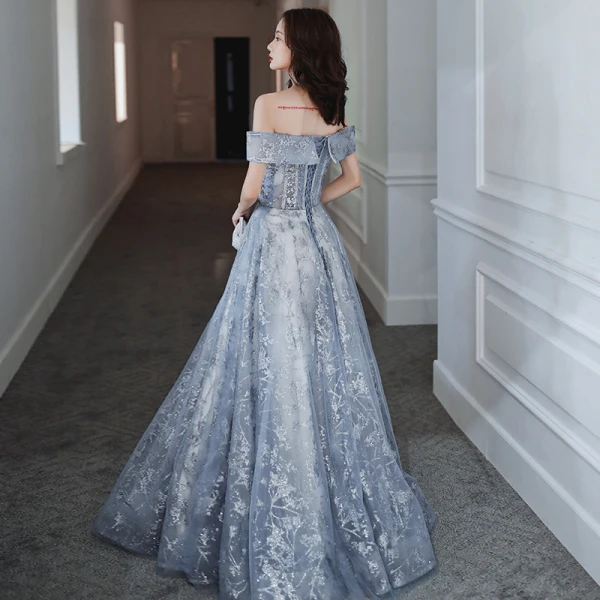 Charmant Bleu Ciel Robe De Soirée 2020 Princesse De l'épaule Paillettes Sans Manches Dos Nu Longue Robe De Ceremonie