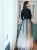 Mode Schwarz Farbverlauf Abendkleider 2020 A Linie V-Ausschnitt Schleife 1/2 Ärmel Lange Festliche Kleider