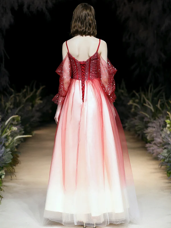 Mode Dégradé De Couleur Rouge Robe De Soirée 2020 Princesse Bretelles Spaghetti Perlage Paillettes 3/4 Manches Dos Nu Longue Robe De Ceremonie
