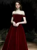 Vintage / Retro Burgundy Evening Dresses  2020 A-Line / Princess Suede Off-The-Shoulder Sleeveless Backless Tea-length Formal Dresses